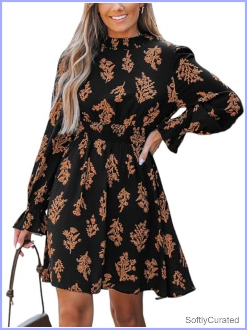 Smocked Mock Neck Floral Mini Dress with Ruffle Sleeves
